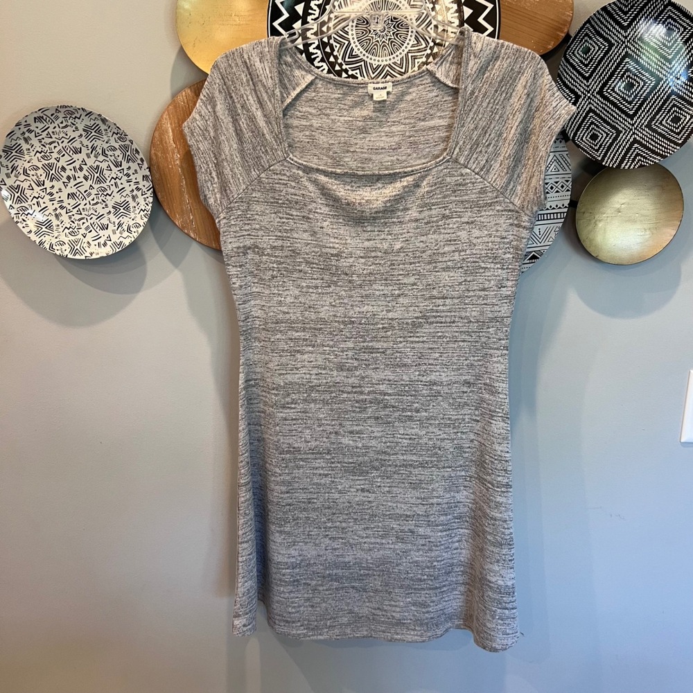 Garage Womens Grey Space Dye Square Neck Cap Sleeve Bodycon Mini Dress Large